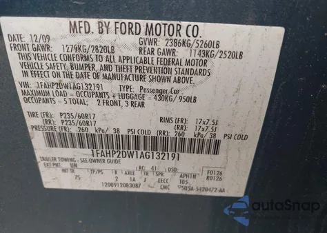 2010 Ford Taurus Se from USA, damaged, VIN 1FAHP2DW1AG132191